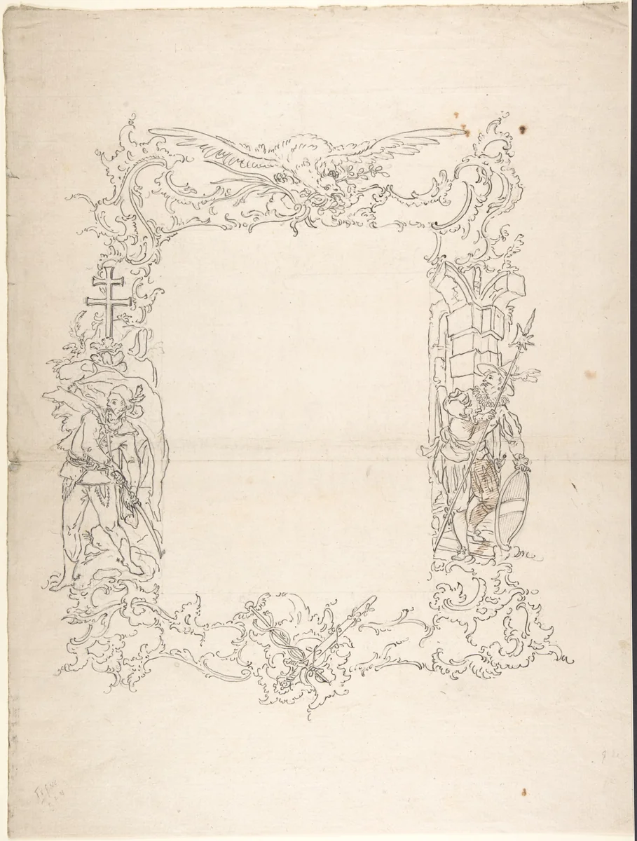 Ornamental frame with eagle and two figures by anonymous, drawing, 1700-1800