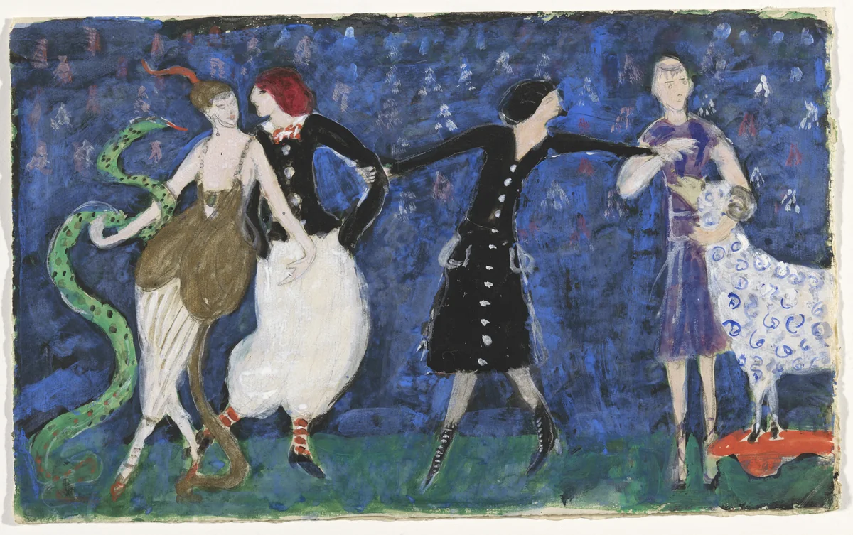 Costume design (Euridice and the Snake, Two Tango Dancers, and St. Francis) for artist's ballet Orphée of the Quat-z-arts by Florine Stettheimer, drawing, 1912