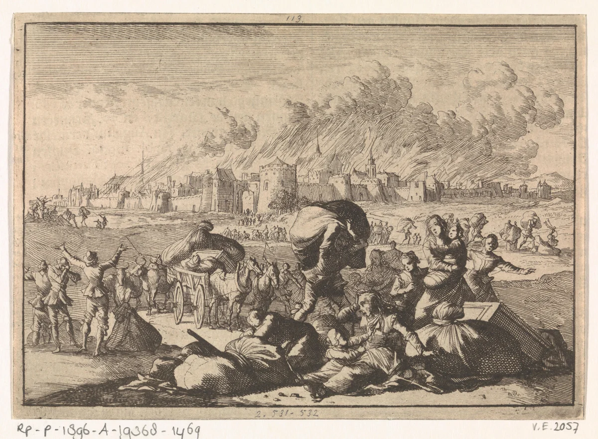 Aken brandt terwijl inwoners vluchten, 1656 by Caspar Luyken, print, 1698