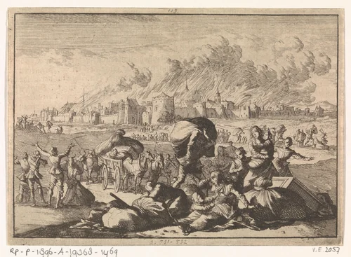 Aken brandt terwijl inwoners vluchten, 1656 by Caspar Luyken, print, 1698