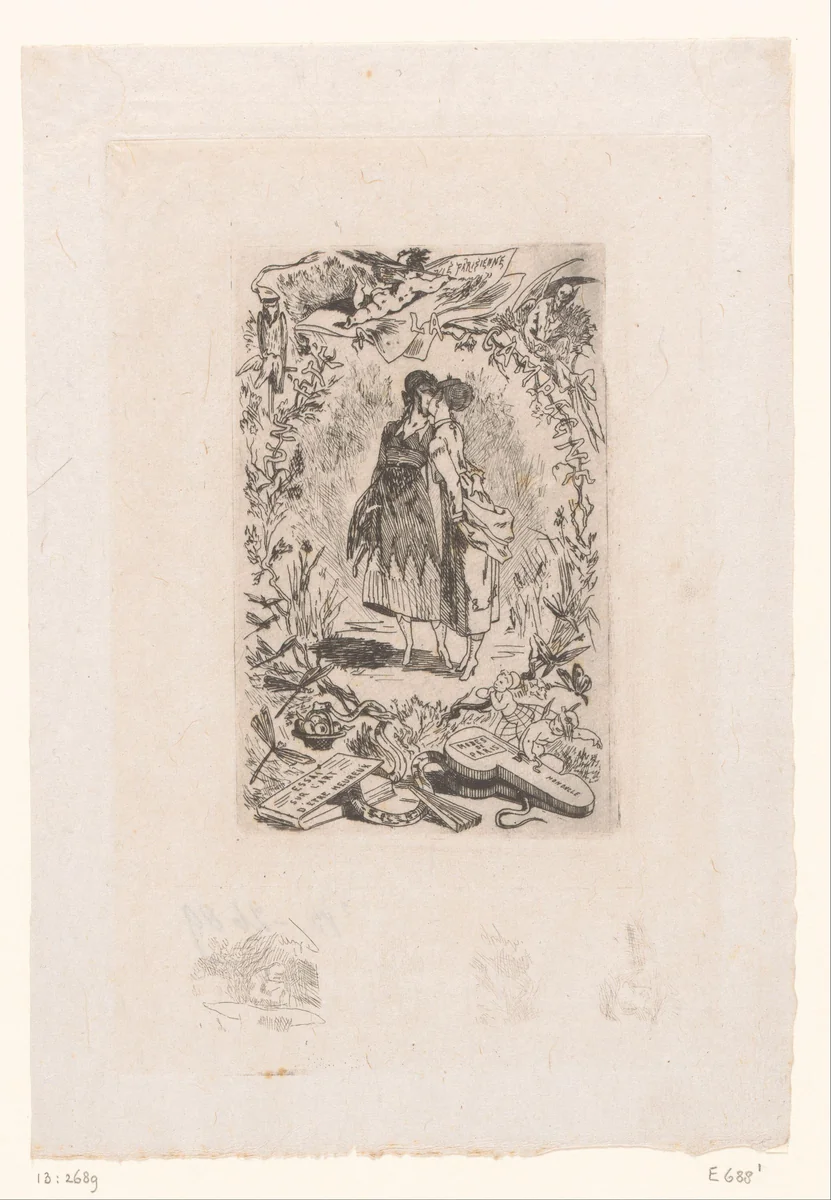 Twee vrouwen kussen elkaar by Félicien Rops, print, 1868