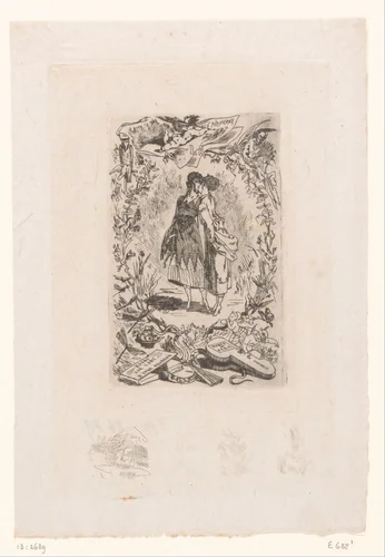 Twee vrouwen kussen elkaar by Félicien Rops, print, 1868