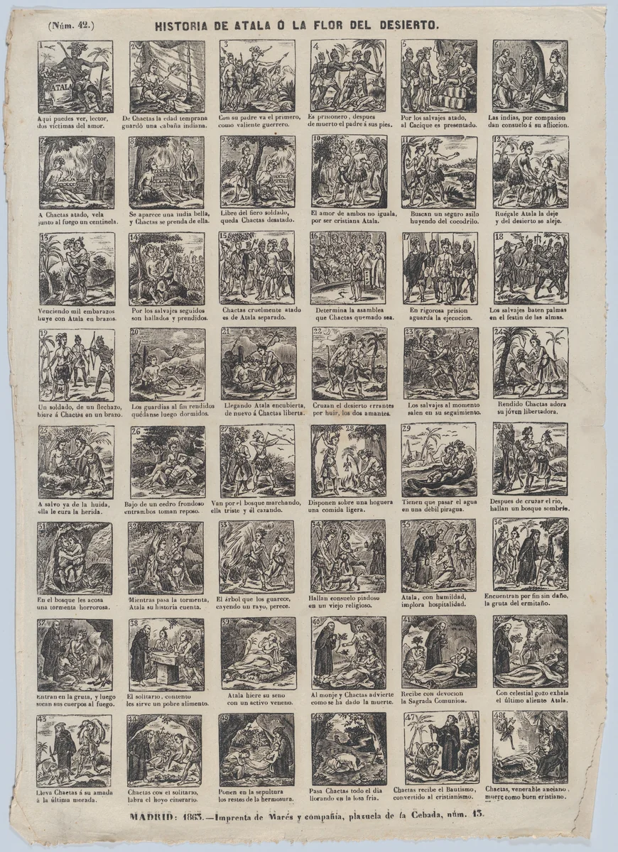 Broadside with 48 scenes depicting the story of Atal or the Flower of the Desert by José María Marés, print, 1863