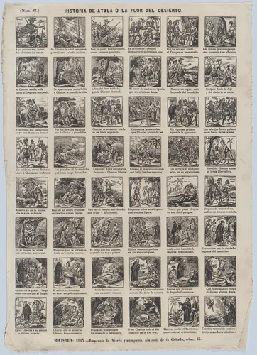 Broadside with 48 scenes depicting the story of Atal or the Flower of the Desert by José María Marés, print, 1863
