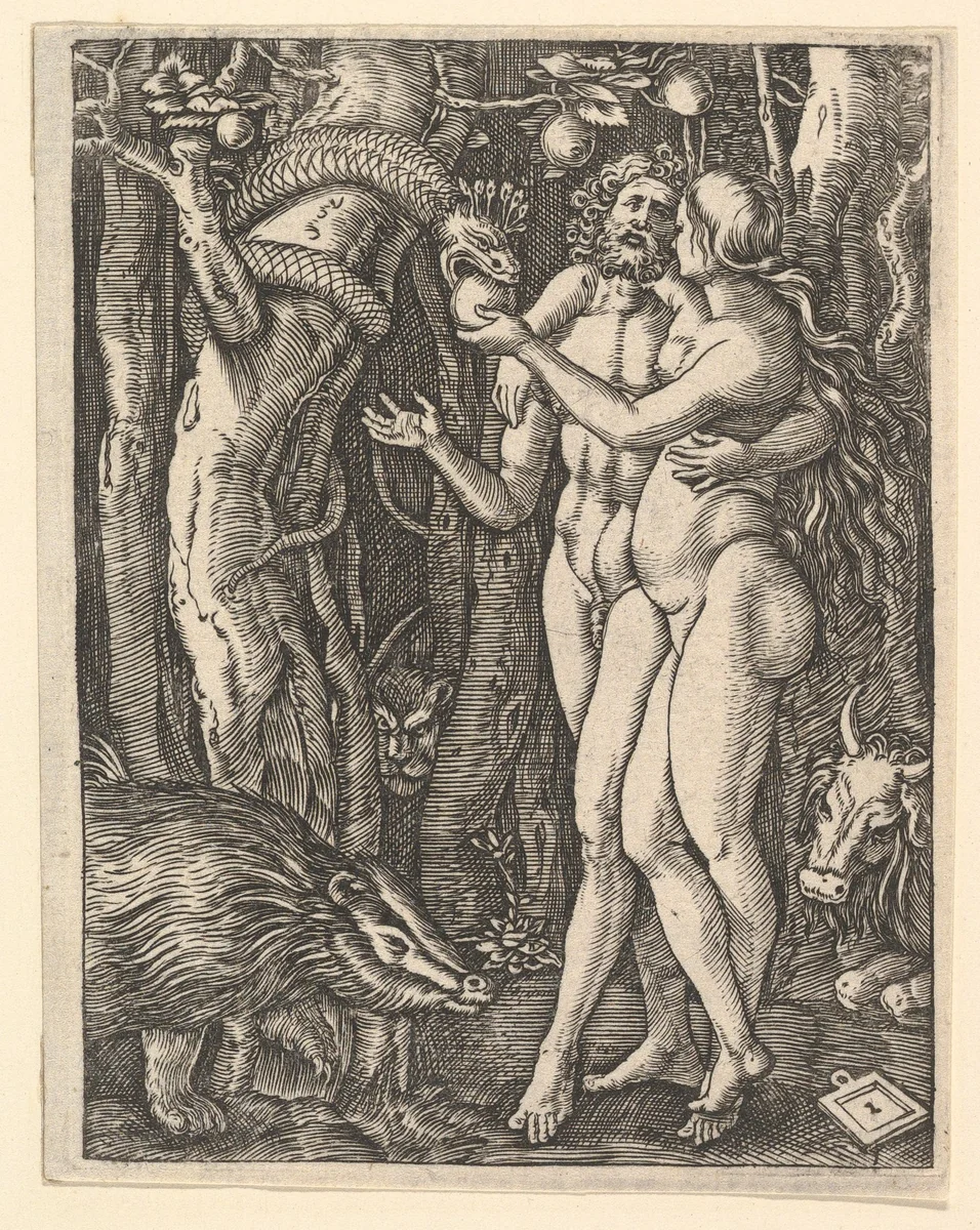 Adam and Eve with apple and serpent, from "The Passion of Christ", after Dürer by Marcantonio Raimondi, print, 1495-1539