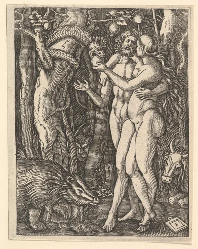 Adam and Eve with apple and serpent, from "The Passion of Christ", after Dürer by Marcantonio Raimondi, print, 1495-1539