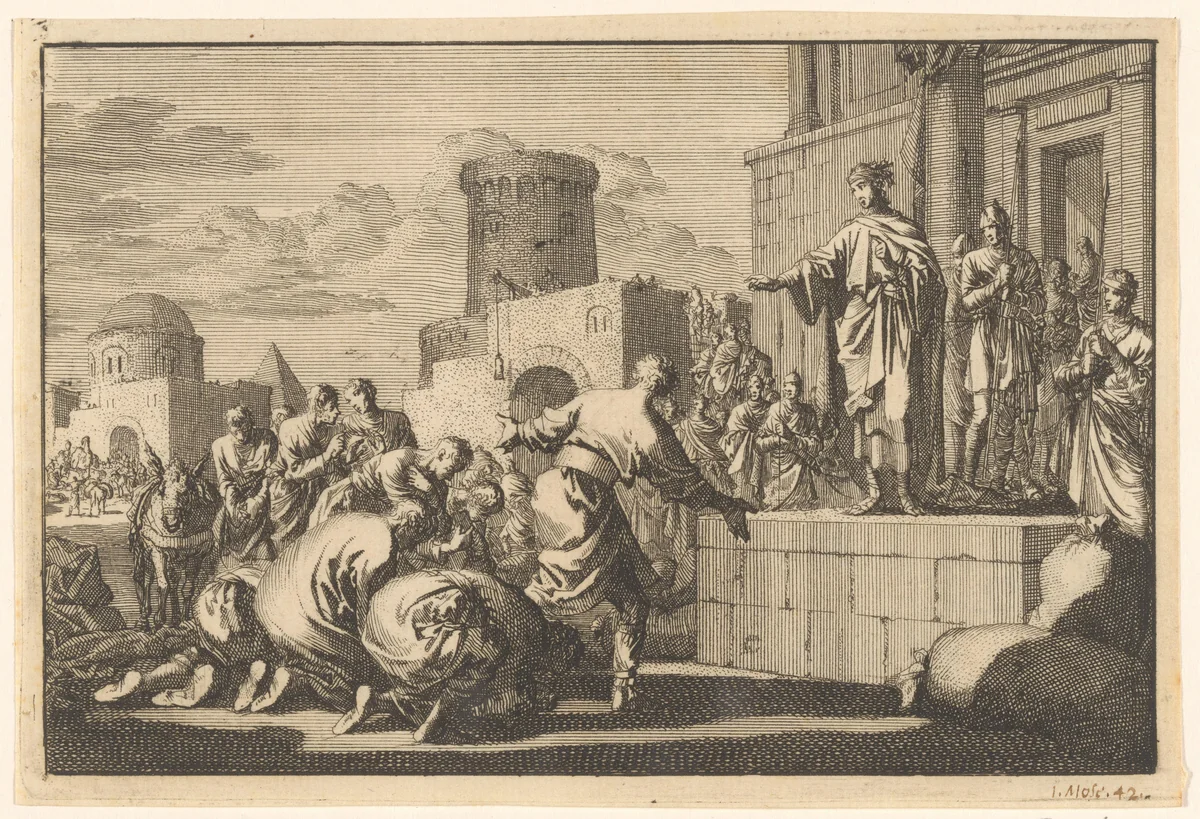 Jozef verkoopt koren aan zijn broeders by Jan Luyken, print, 1704