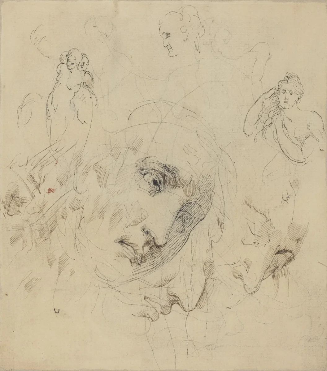 Studies with Central Female Face by John Hamilton Mortimer, drawing, 1740-1779
