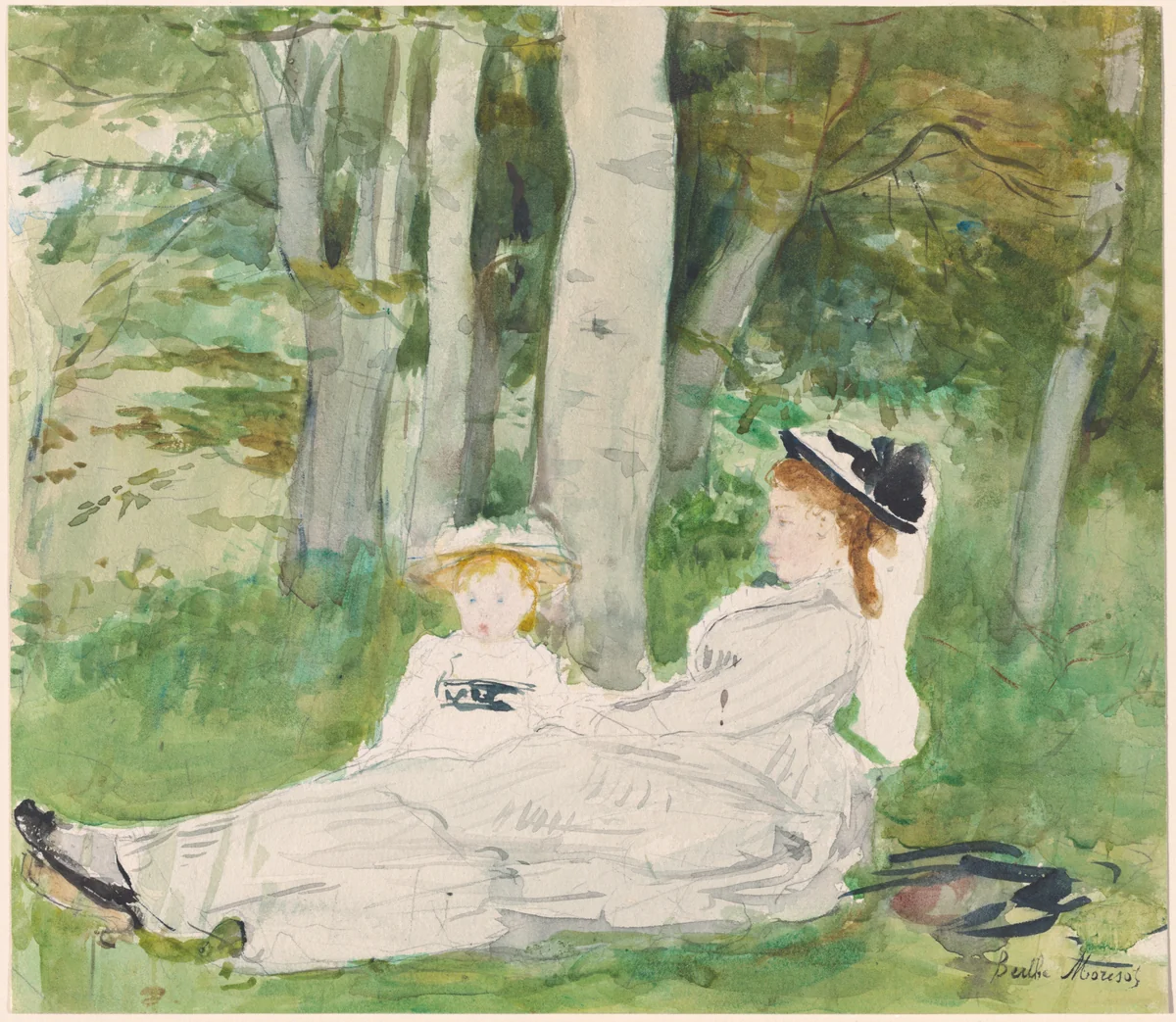 At the Edge of the Forest (Edma and Jeanne) by Berthe Morisot, drawing, 1871-1873