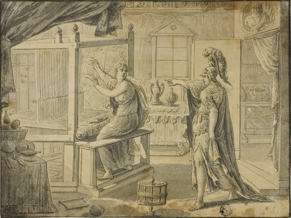 Arachne Being Turned into a Spider by Minerva by Marten de Vos, drawing, 1500-1799