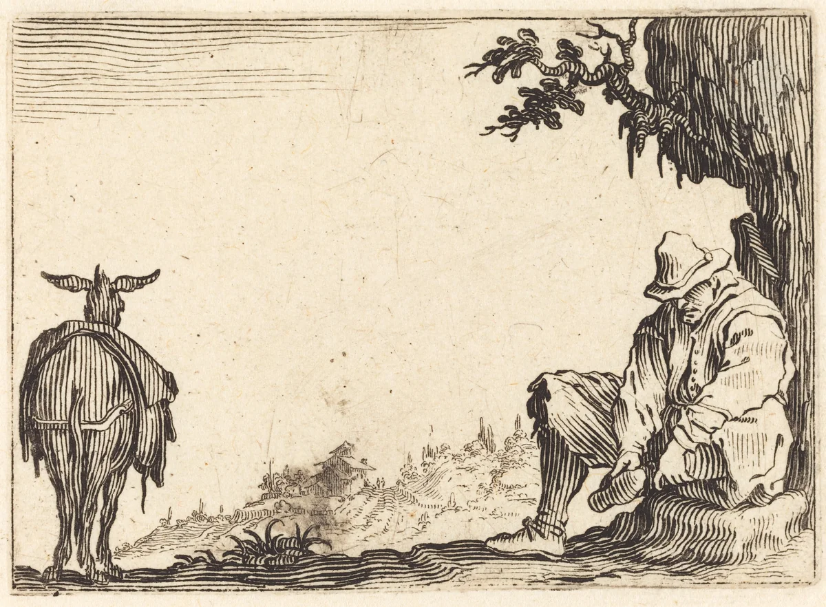 Peasant Removing His Shoe by Jacques Callot, print, 1622
