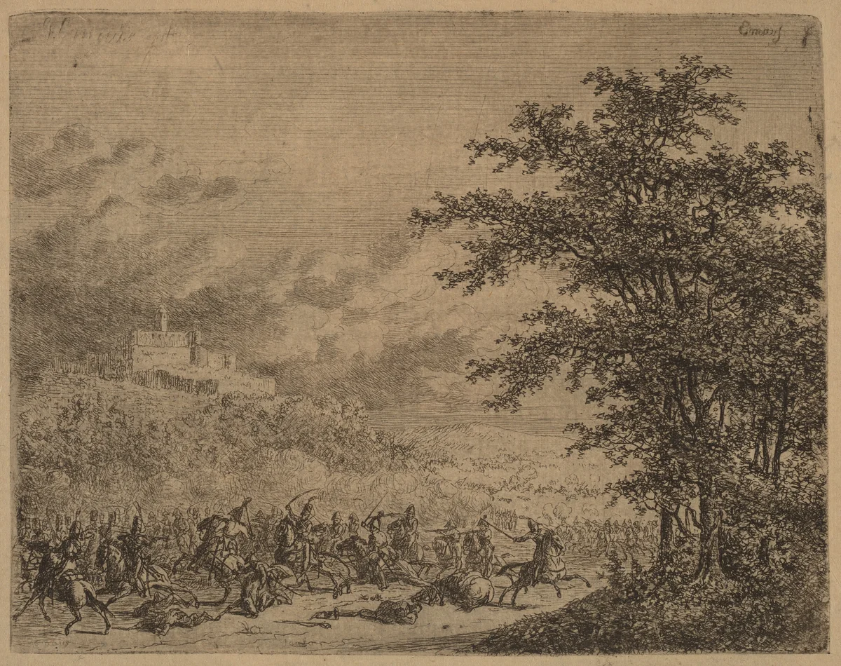 The Affair near Konigstein (L'Affaire pres de Koenigstein) [recto] by Gerhardus Emaus de Micault, print, 1789-1863