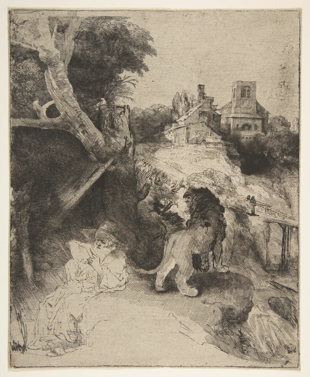 St. Jerome Reading in an Italian Landscape by Rembrandt van Rijn, print, 1648-1658
