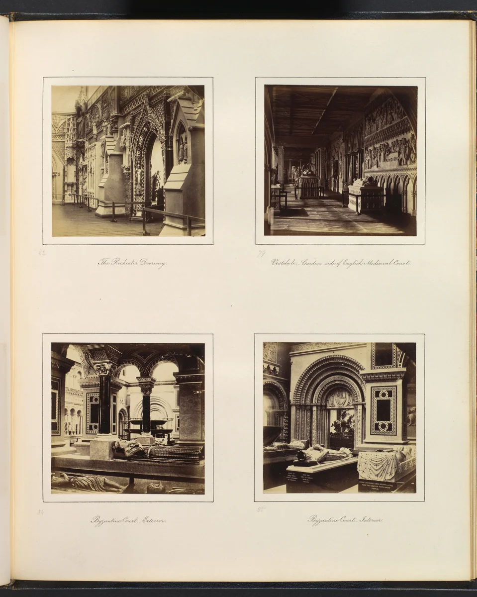 [The Rochester Doorway; Vestibule, Garden Side of English Medieval Court; Byzantine Court Exterior and Interior] by Philip Henry Delamotte, photograph, 1857-1861