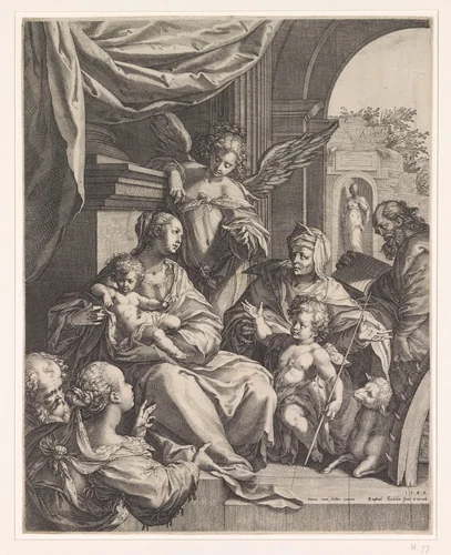 Heilige familie met de Heilige Catharina en Johannes de Doper als kind by Unknown, print, 1589
