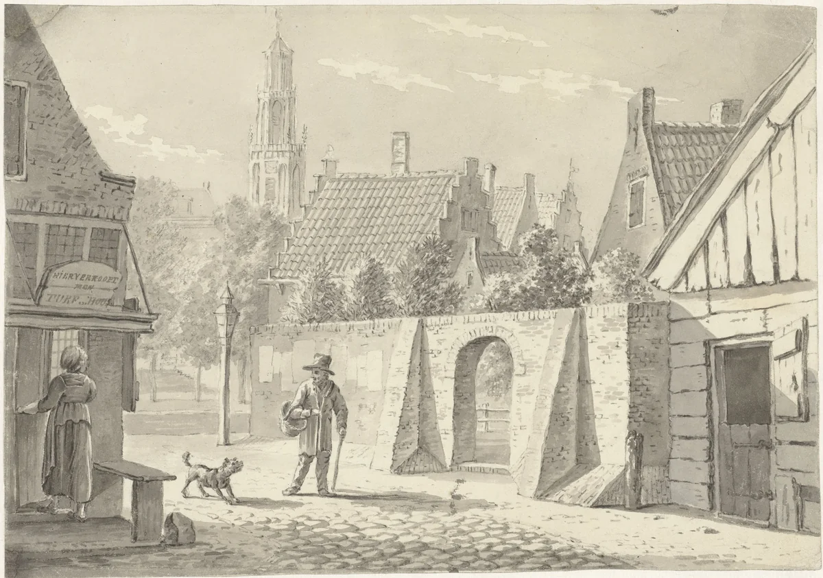 Straatje in Utrecht met de Domtoren in het verschiet by G.A. de Wildt, drawing, 1823