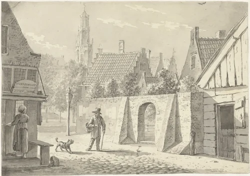 Straatje in Utrecht met de Domtoren in het verschiet by G.A. de Wildt, drawing, 1823