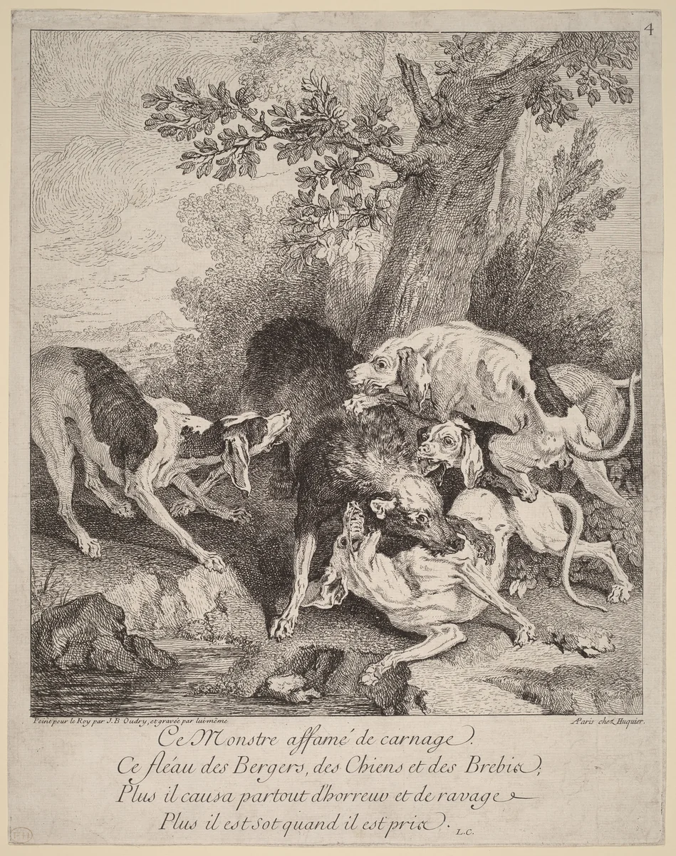 A Wolf Attacked by Dogs by Jean-Baptiste Oudry, print, 1725