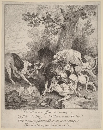 A Wolf Attacked by Dogs by Jean-Baptiste Oudry, print, 1725