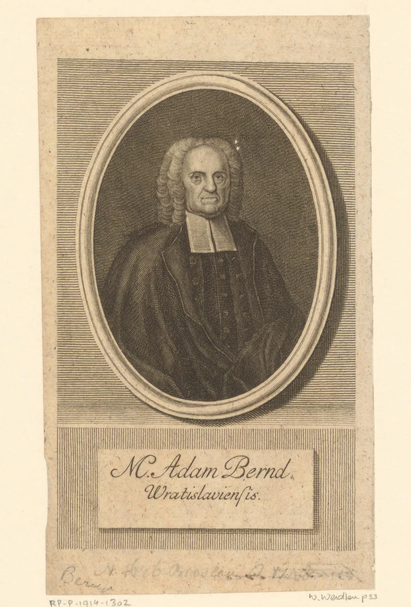 Portret van Adam Bernd by Johann Martin Bernigeroth, print, 1745