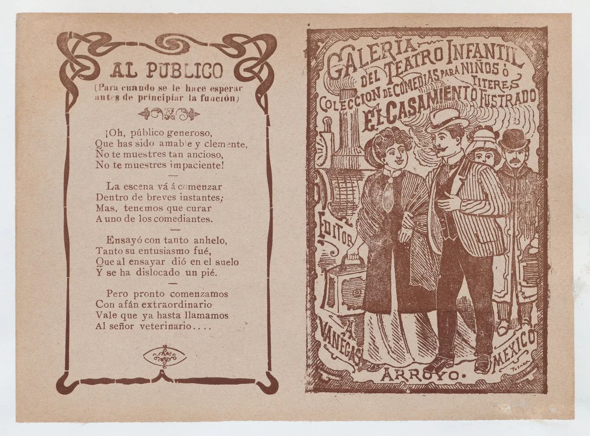 Cover for 'El Casamiento Fustrado', a man and woman walking arm in arm, a train in the background by José Guadalupe Posada, print, 1885-1915