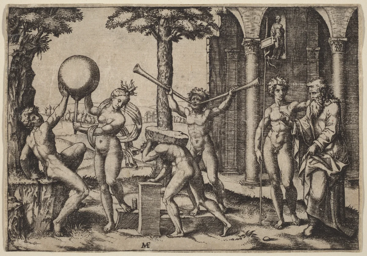 The Man with Two Trumpets by Marcantonio Raimondi, print, 1510-1527