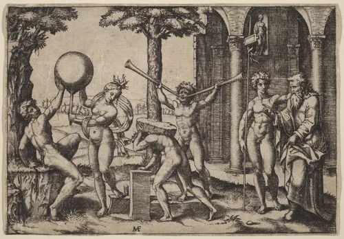 The Man with Two Trumpets by Marcantonio Raimondi, print, 1510-1527