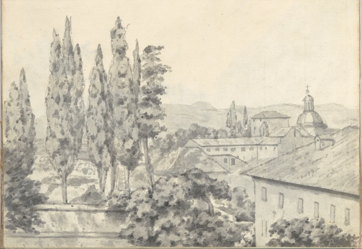 Institutional buildings, a garden, and a church at Rome (Smaller Italian sketchbook, leaf 6 recto) by Joseph Wright, drawing, 1774-1775