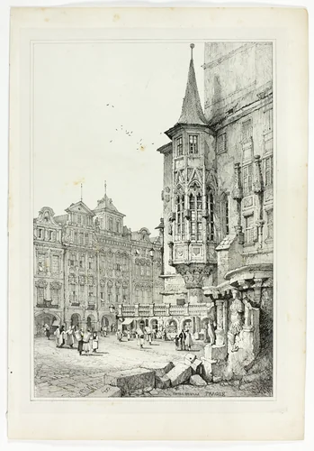Hotel de Ville, Prague, from Facsimiles of Sketches made in Flanders and Germany by Samuel Prout, print, 1833