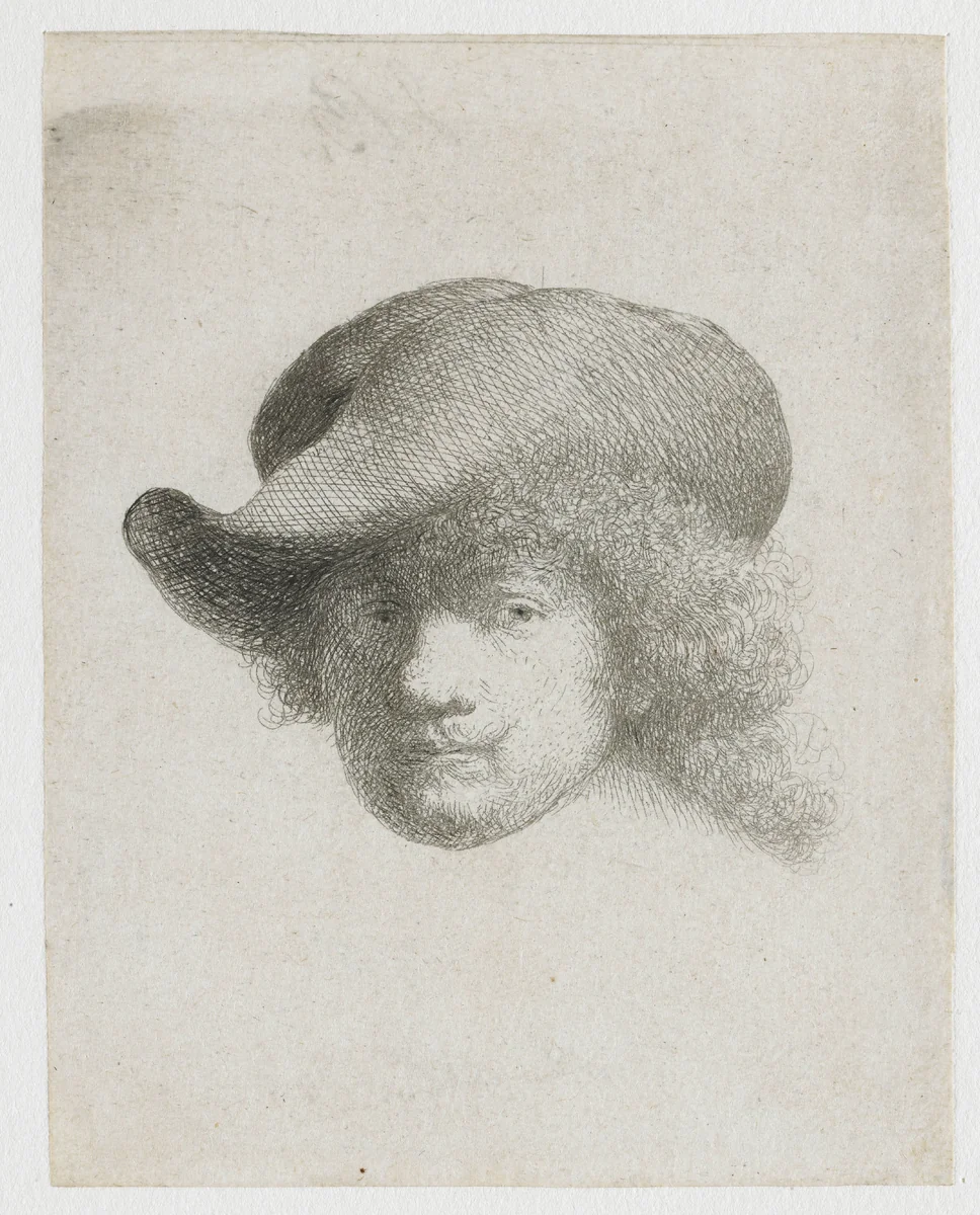Self-portrait in a soft hat and a patterned cloak by Rembrandt van Rijn, print, 1631