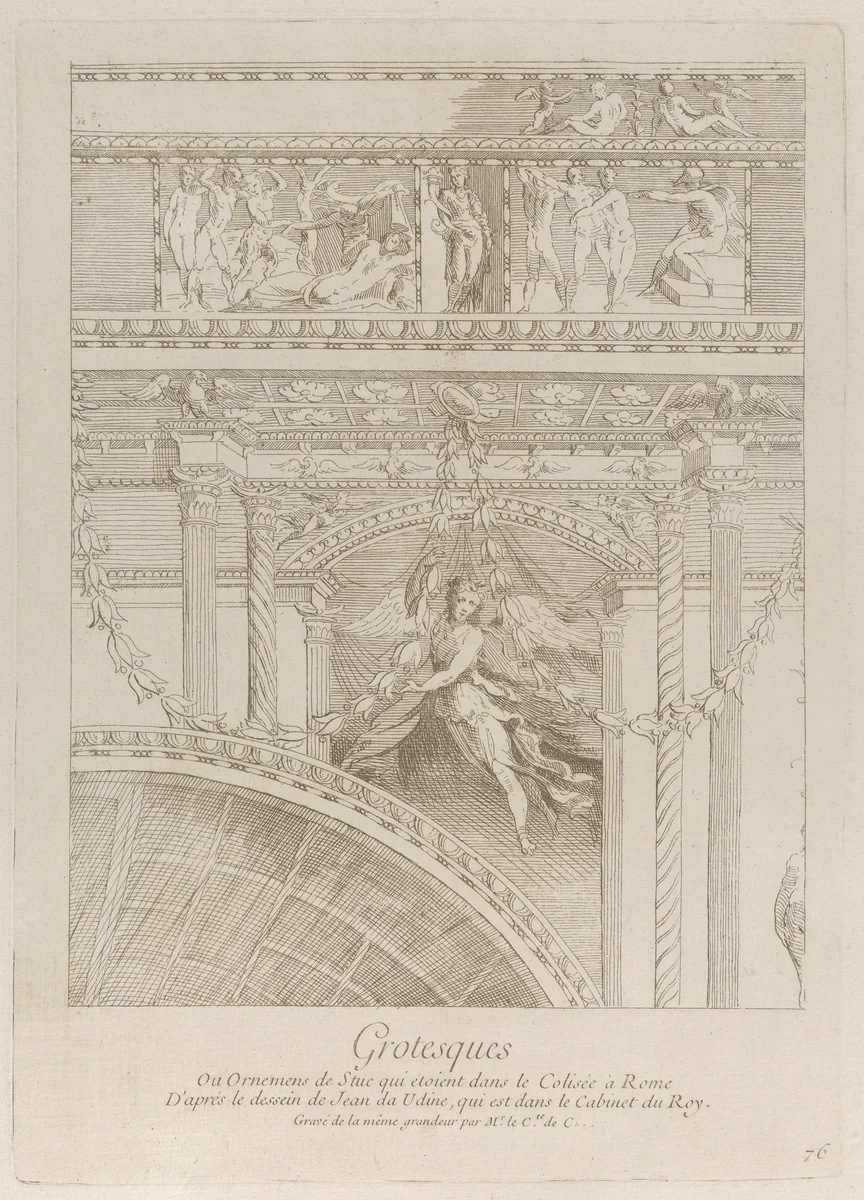 Grotesques: detail of the stucco reliefs decorating the Colosseum in Rome, with a winged figure hovering between two pairs of columns by Anne Claude Philippe de Tubières, print, 1724-1734