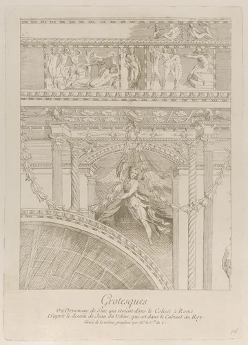 Grotesques: detail of the stucco reliefs decorating the Colosseum in Rome, with a winged figure hovering between two pairs of columns by Anne Claude Philippe de Tubières, print, 1724-1734