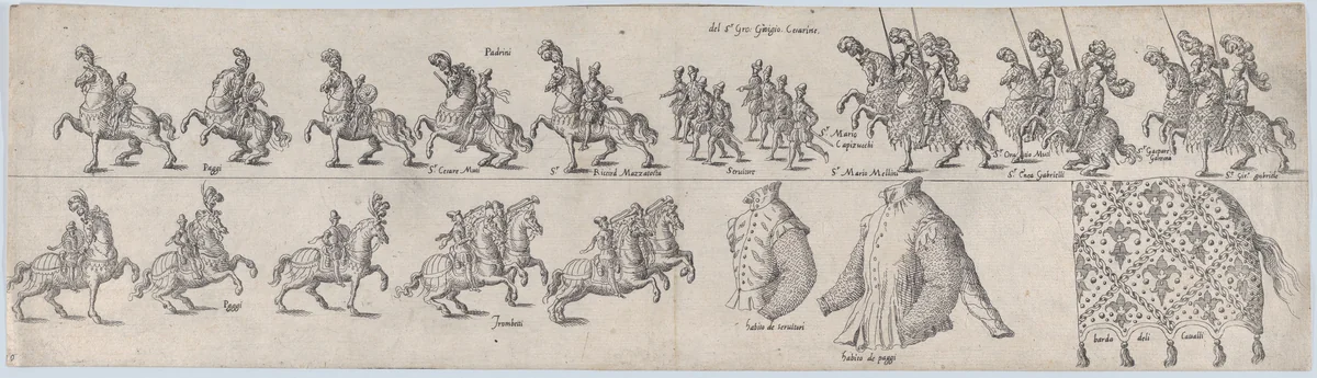 Plate for Giorgio Cesarini, from a series of twelve showing knights and their attendants dressed for a tournament (plate 10) by anonymous, print, 1565
