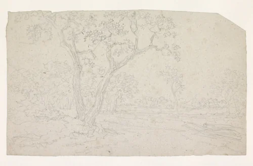 Bomen in een vlak landschap by Georges Michel, drawing, 1773-1843