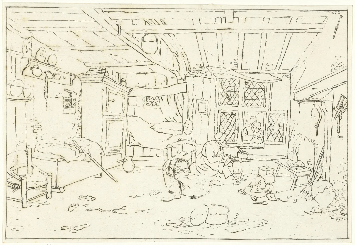 Interieur met vrouw bij wieg by Cornelis Ploos van Amstel, print, 1760