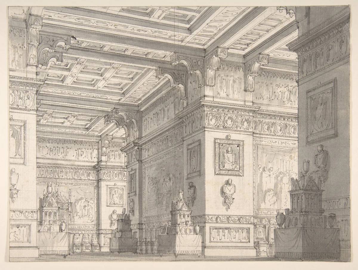 Design for a Stage Set?:Interior of a Stateroom with Four Tables Displaying Urns and Tabernacles. by Alessandro Sanquirico, drawing, 1790-1849
