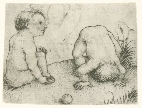 Twee spelende kinderen by Meester van het Amsterdamse Kabinet, print, 1470-1475