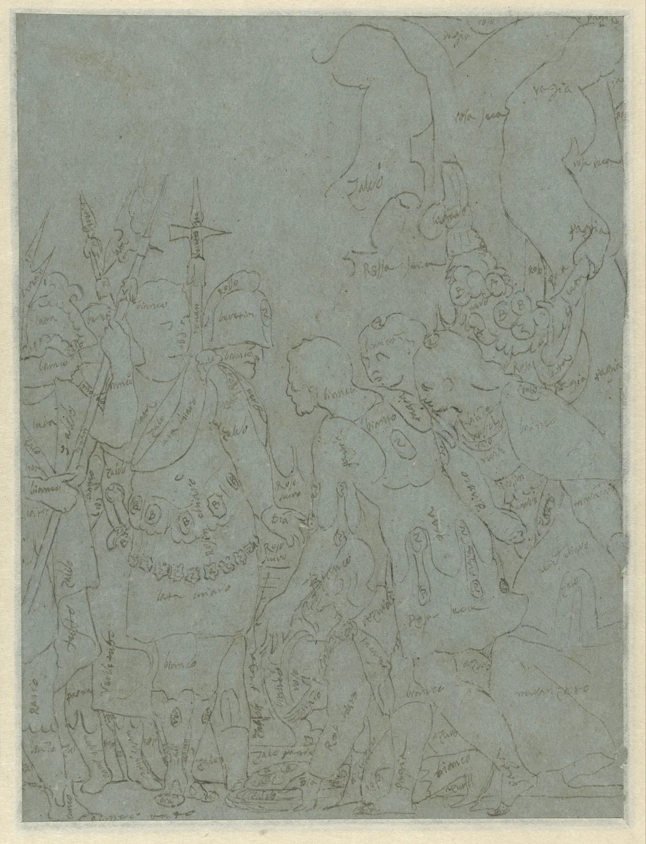 Contouren van De grootmoedigheid van Scipio by Benedetto Caliari, drawing, 1550-1598