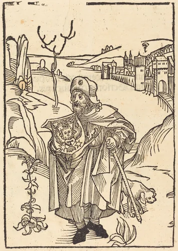 Gerson as Pilgrim with Town in Background by German 15th Century, print, 1488