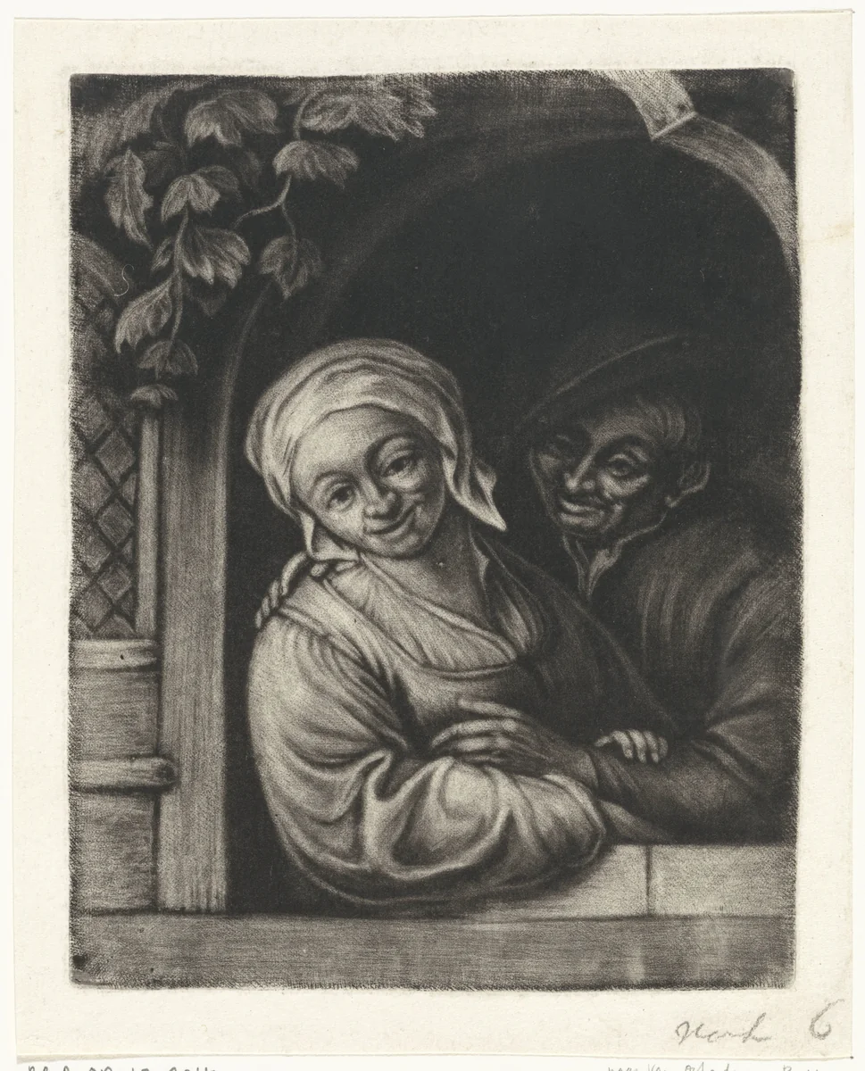 Paar in een vensteropening by Jacob Hoolaart, print, 1723-1789
