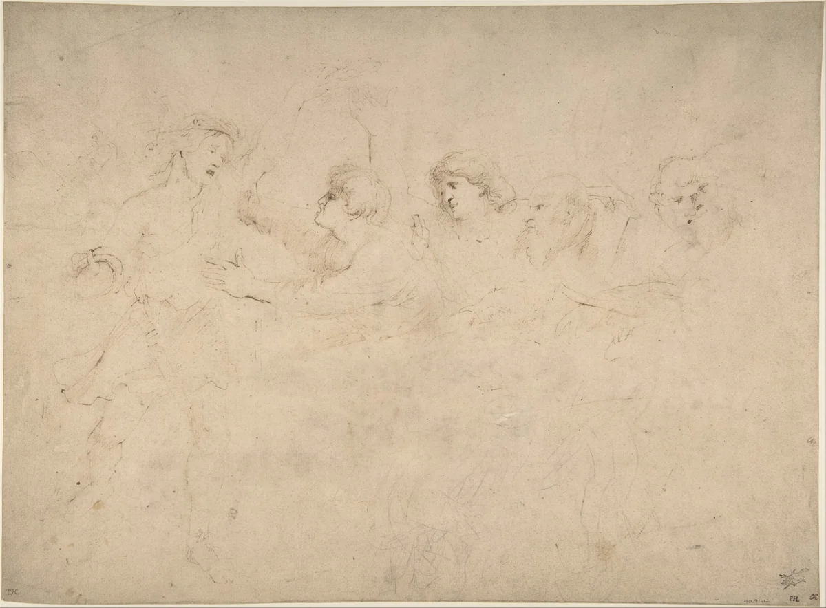 Alcibiades Interrupting the Symposium (recto); Sketches of the Baptism of Christ and of a Man (verso) by Peter Paul Rubens, drawing, 1596-1606