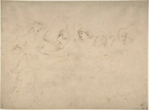 Alcibiades Interrupting the Symposium (recto); Sketches of the Baptism of Christ and of a Man (verso) by Peter Paul Rubens, drawing, 1596-1606