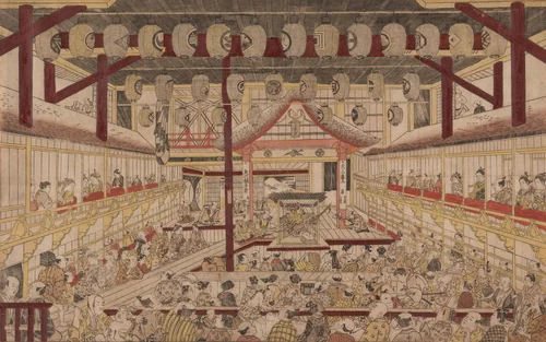 Perspective View of the Interior of the Nakamura Theater with Ichikawa Ebizo II as Yanone Goro by Okumura Masanobu (奥村政信), print, 1740