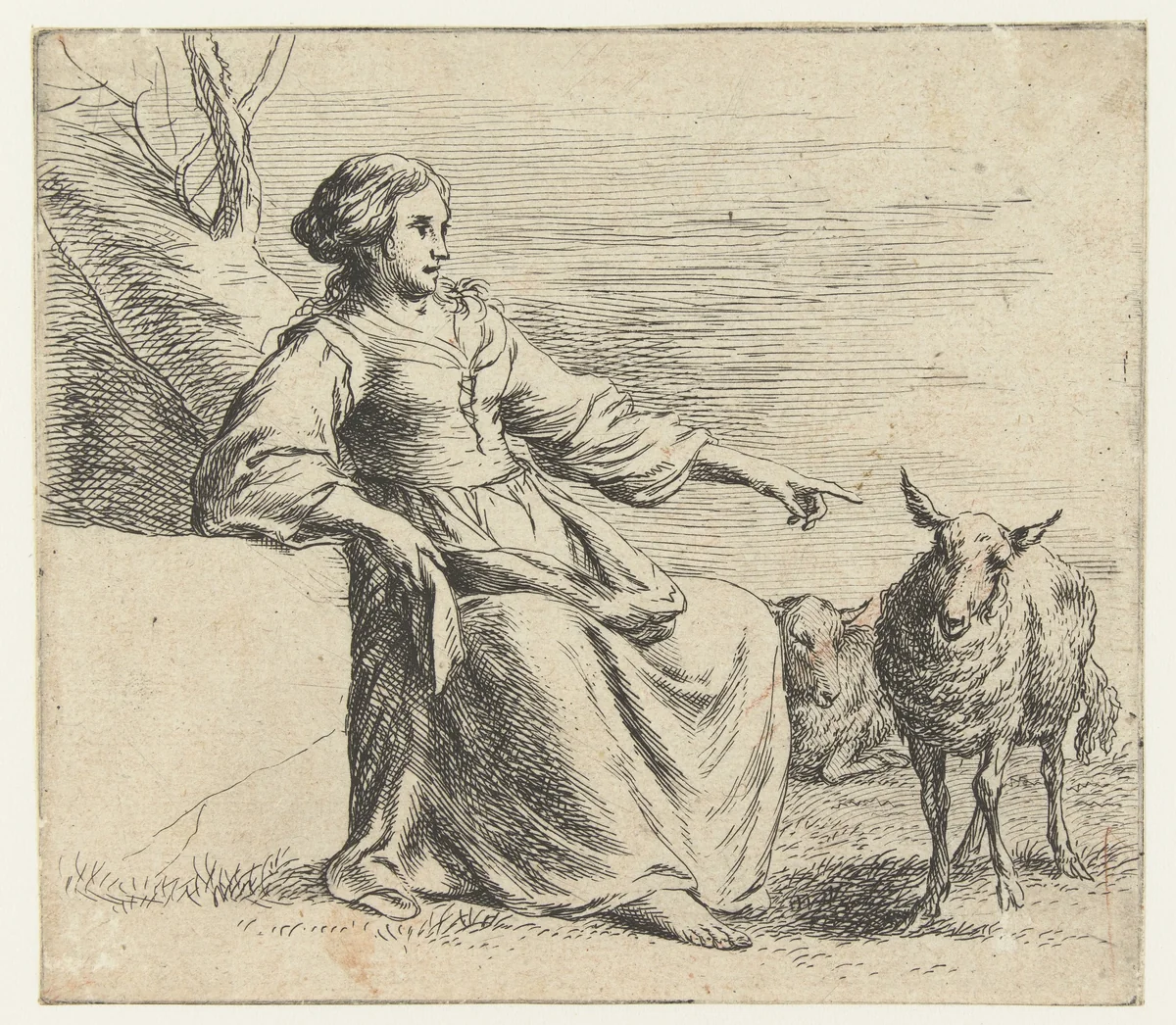 Zittende herderin en twee schapen by Nicolaes Pietersz Berchem, print, 1646-1652