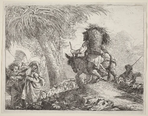 The Flight, Joseph at Right and Mary and Angel at Left by Giovanni Domenico Tiepolo, print, 1753