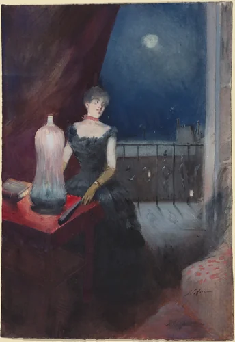 a) Standing Woman with a Fan (recto); b) Study of a Man and Woman (verso) by Jean-Louis Forain, drawing, 1880-1890