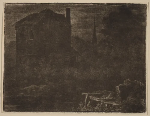 Nocturnal Landscape with House and Church Spire by Allart van Everdingen, print, 1660