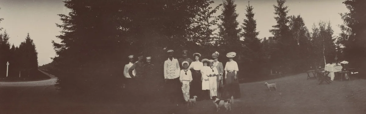 Grand Dukes Alexander, Georgii Mikhailovich, Grand Duchesses Olga and Xenia Alexandrovna, with Three Dogs, Gatchino by Unidentified Photographer, photograph, 1907