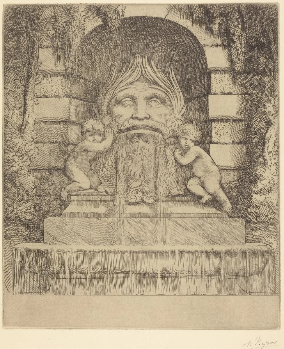Fountain: Grotesque, Children and Basin (Une fountaine: Masque, enfants et bassin) by Alphonse Legros, print, 1837-1911