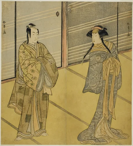 The Actors Segawa Kikunojo III as the Spirit of Joro-gumo (Harlot Spider) Disguised as the Maiko Tsumagiku (right), and Ichikawa Monnosuke II as Urabe no Suetake (left), in the Play Shitenno Tonoi no Kisewata, Performed at the Nakamura Theater in the Eleventh Month, 1781 by Katsukawa Shunsho (勝川 春章), print, 1776-1786